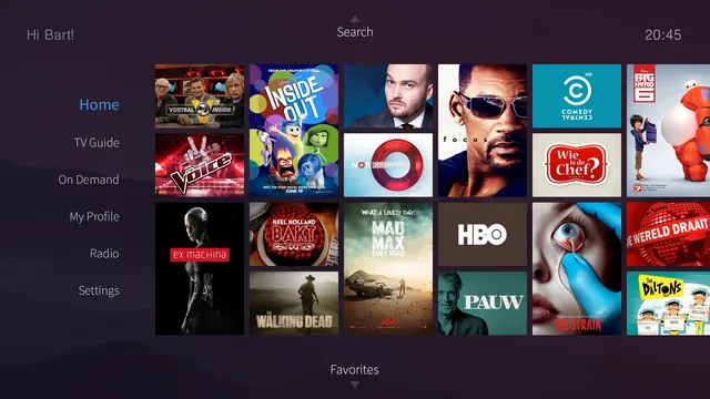 Smart TV home screen UI, minimal, dark-mode, dark
