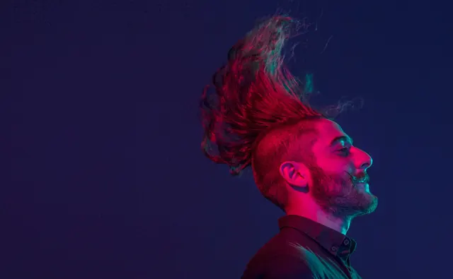Neon Portrait with Stylized Hair, photographic, abstract, dark
