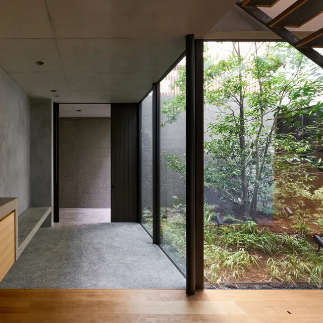 Modern Interior with Courtyard View, minimal, photographic, muted
