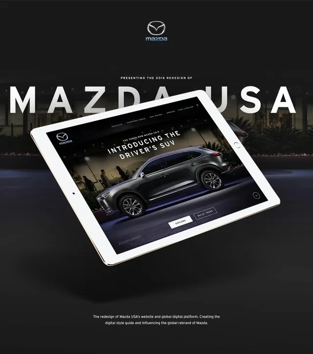 Mazda USA Brand Identity Mockup, minimal, corporate-clean, dark