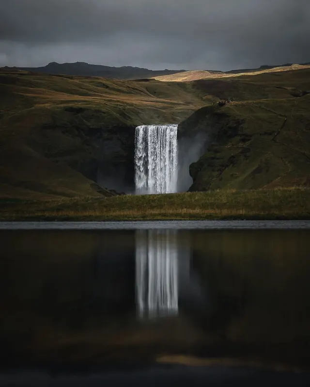 Waterfall Reflection Landscape, photographic, minimal, dark