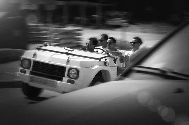 Vintage Car and People Motion Blur, retro, photographic, monochrome