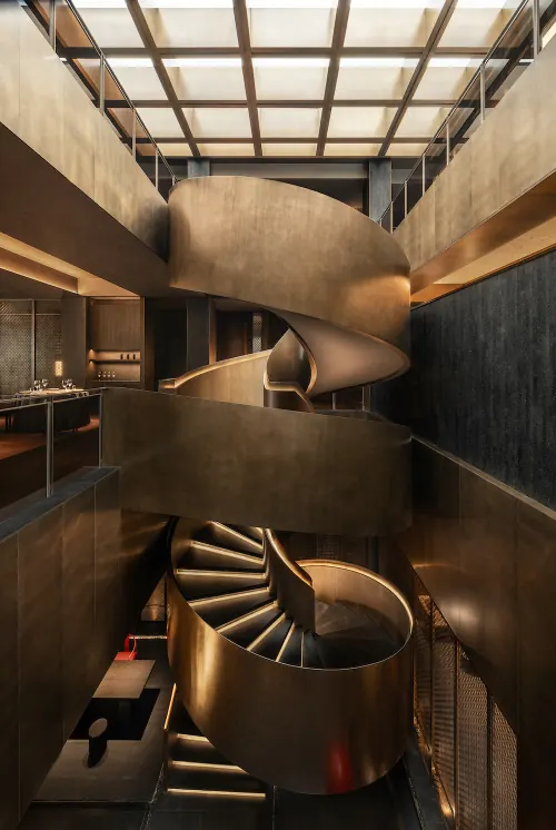 Modern Architectural Spiral Staircase, minimal, luxury, dark