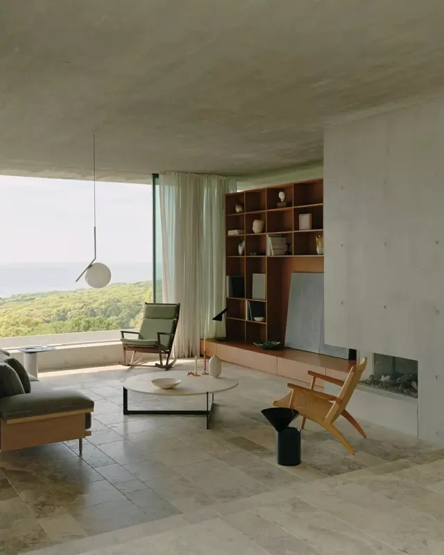 Modernist Interior with Coastal View, minimal, photographic, muted