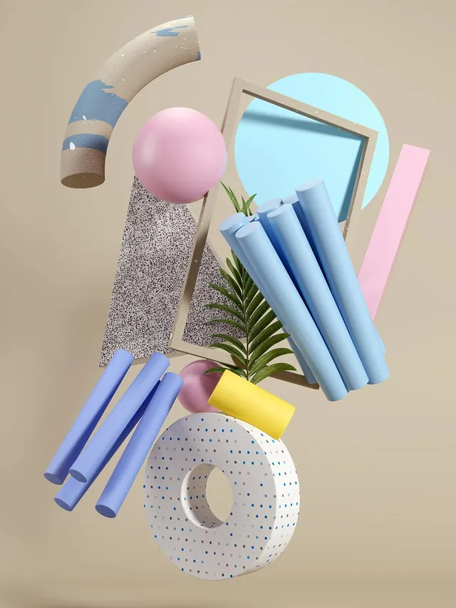 Abstract Geometric 3D Shapes Composition, 3d-render, playful, pastel