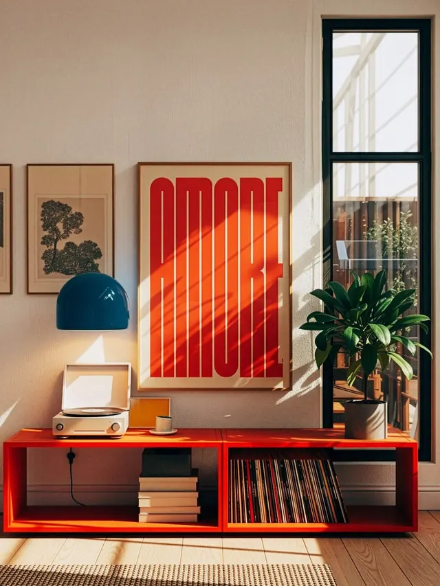 Interior Design Mockup with Red Door and Geometric Accents, minimal, geometric, vibrant