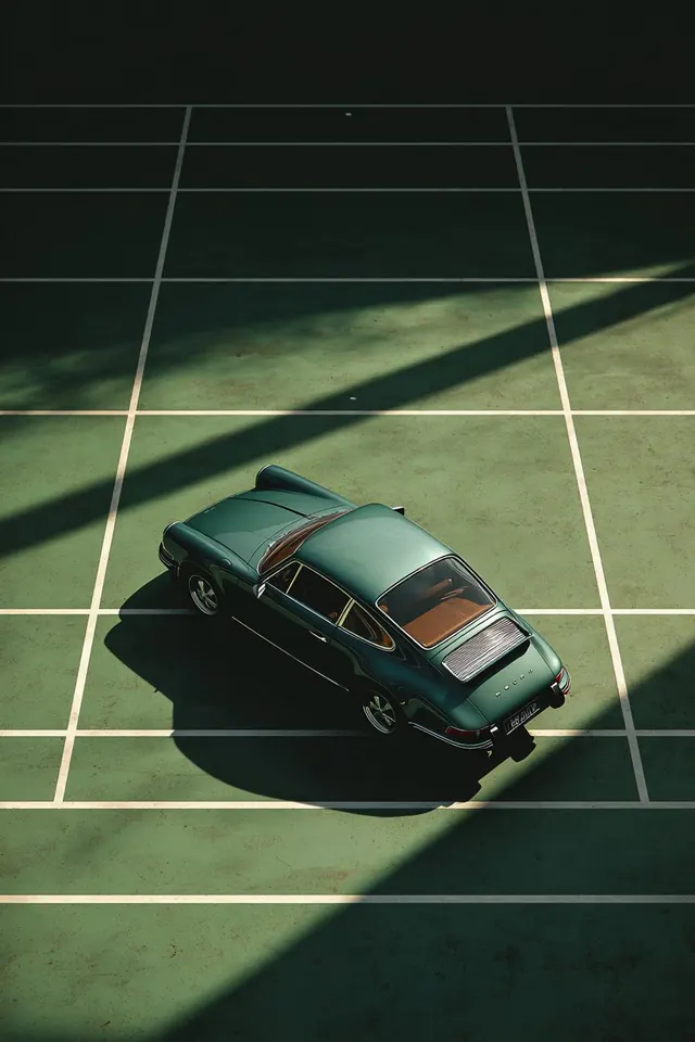 Vintage Car on Tennis Court, minimal, retro, dark