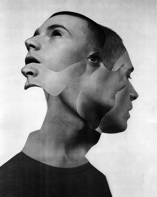 Surrealist Face Collage, monochrome, abstract, monochrome