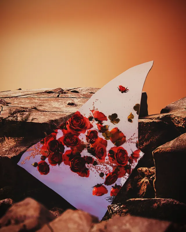 Red Rose Petals on White Fabric, organic, photographic, warm