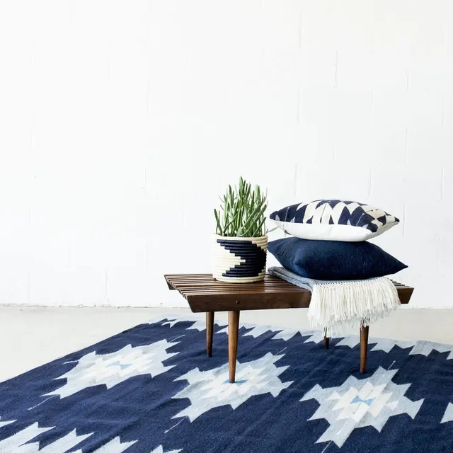 Interior Mockup with Blue and White Patterned Textiles, minimal, photographic, high-contrast