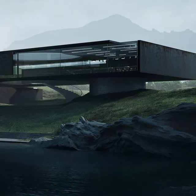 Modernist Cantilevered Structure, minimal, brutalist, muted