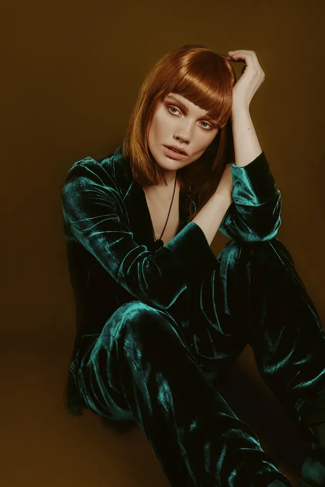 Woman in Velvet Outfit Portrait, luxury, photographic, dark