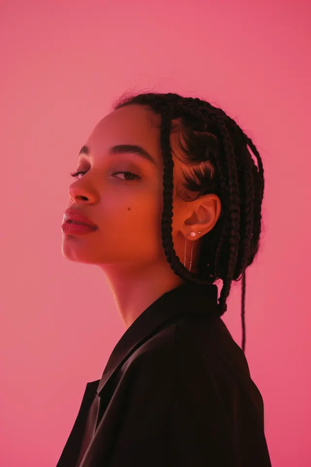 Portrait of a Woman with Braids, photographic, minimal, vibrant