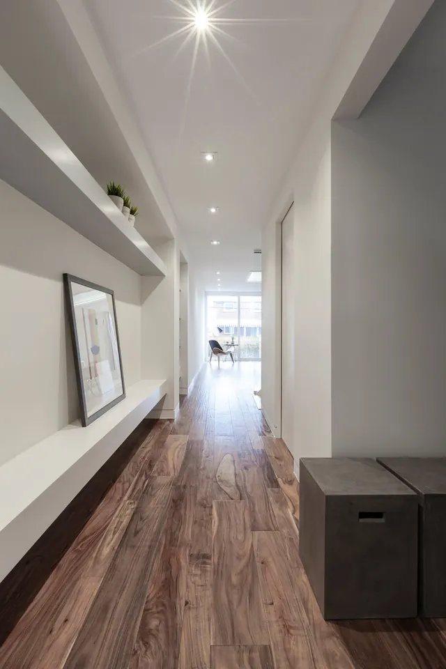 Modern Interior Hallway with Wood Flooring, minimal, photographic, light