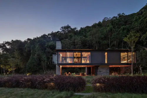 Modernist House in Forest, minimal, photographic, dark