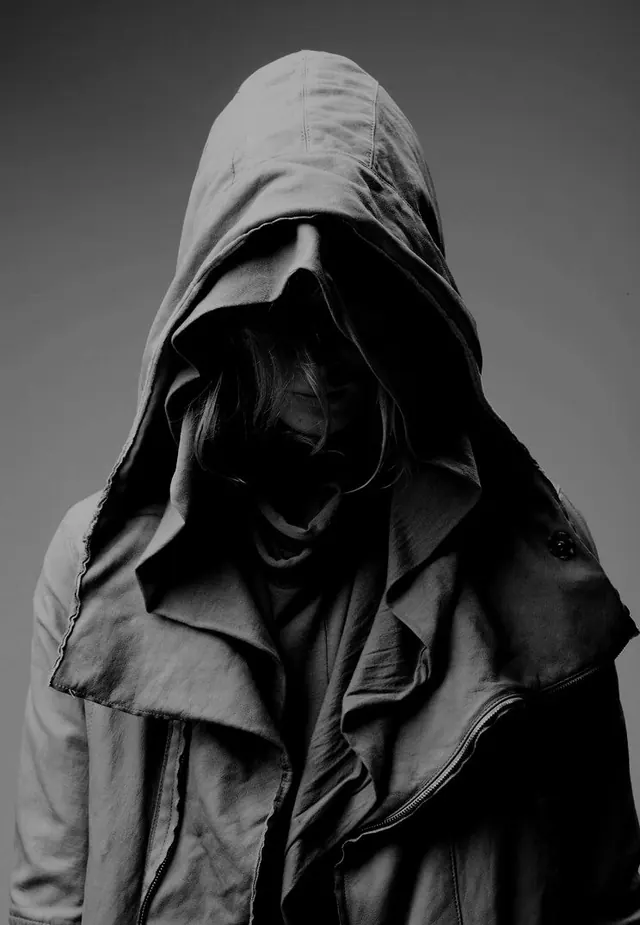 Hooded Figure in Monochrome, monochrome, photographic, monochrome