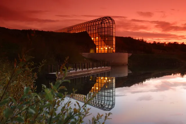 Illuminated Bridge at Sunset, photographic, organic, warm