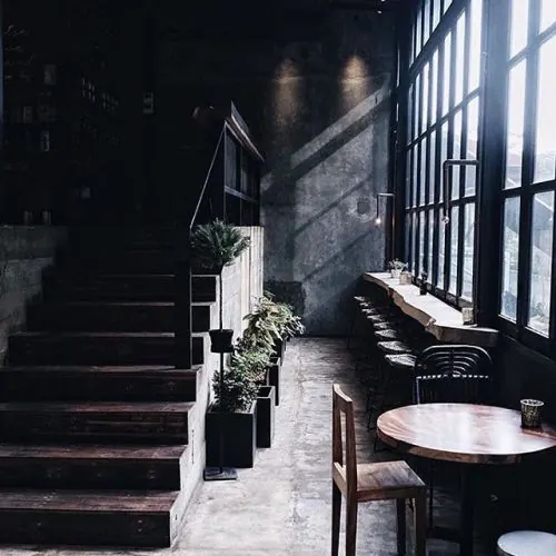 Industrial Interior with Wooden Stairs, photographic, minimal, dark