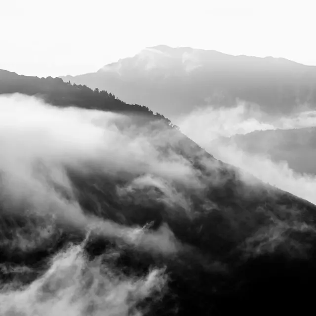 Mist-Covered Mountains Landscape, monochrome, photographic, monochrome