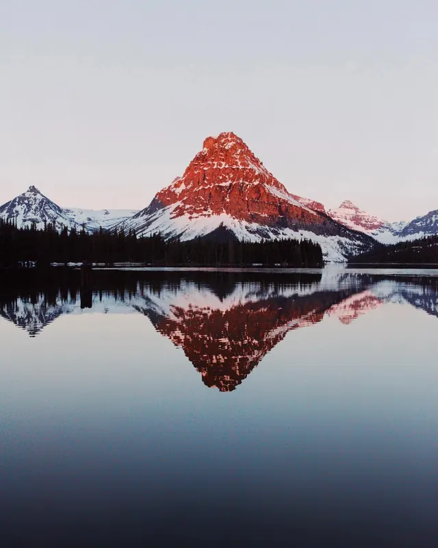 Reflected Red Mountain Landscape, photographic, minimal, high-contrast