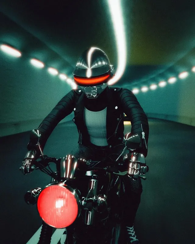 Futuristic Motorcycle Rider in Tunnel, dark-mode, photographic, dark