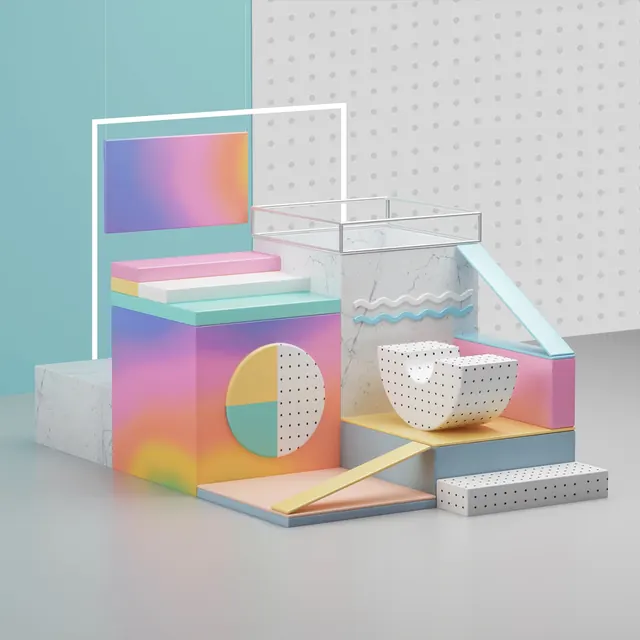 Abstract Geometric 3D Composition, glassmorphism, gradient-heavy, vibrant