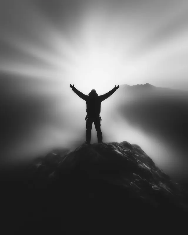 Silhouette of a Person on a Mountain Peak, minimal, monochrome, monochrome