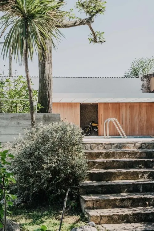 Modern Architecture with Outdoor Seating, photographic, minimal, earthy