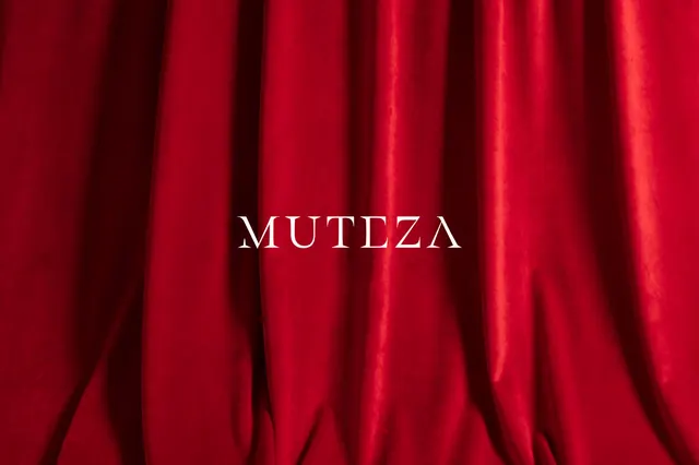 MUTEZA Wordmark on Red Fabric, minimal, luxury, vibrant
