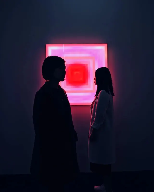 Silhouette Figures in Red Light, minimal, photographic, dark