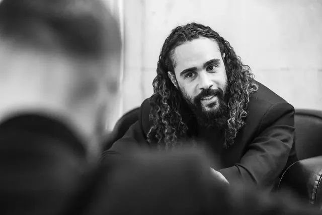 Man with Beard in Black Jacket, monochrome, photographic, monochrome