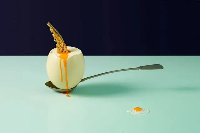 Minimalist Egg and Spoon Composition, minimal, photographic, high-contrast