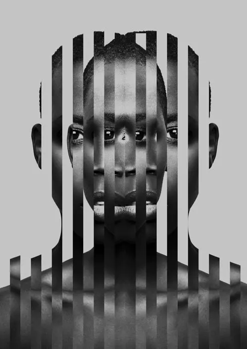 Monochrome Portrait with Vertical Bar Overlay, minimal, monochrome, monochrome