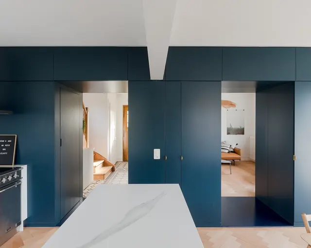 Modern Interior Design with Navy Blue Cabinetry, minimal, luxury, dark
