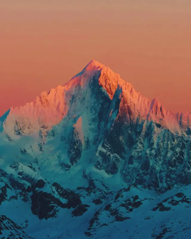Snow-Capped Mountain at Sunset, photographic, organic, warm