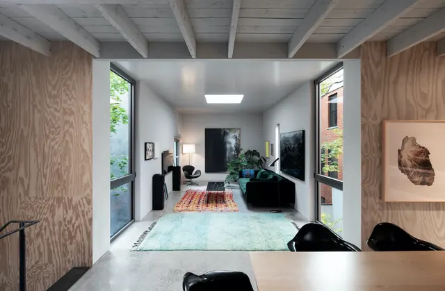 Modern Industrial Interior Design, minimal, photographic, warm