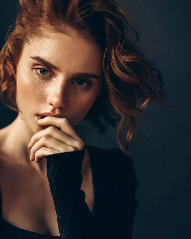 Portrait of a Woman with Red Hair, photographic, luxury, dark