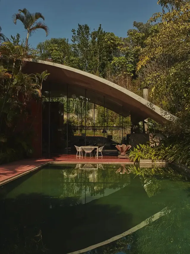 Modernist Pavilion with Reflecting Pool, organic, photographic, earthy