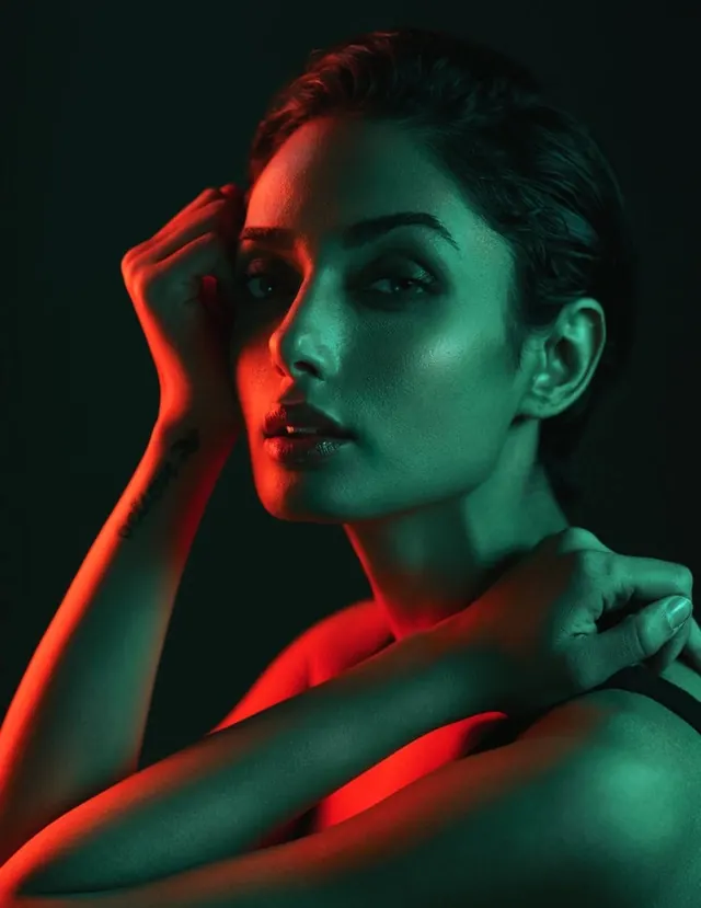 Dual-Tone Portrait of a Woman, photographic, luxury, high-contrast
