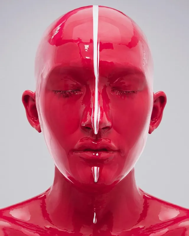 Red Glossy Humanoid Face, 3d-render, abstract, vibrant