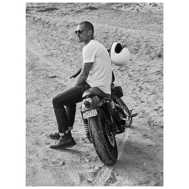 Man on Motorcycle in Sand, monochrome, photographic, monochrome