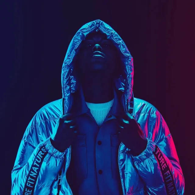 Neon Hooded Figure Portrait, dark-mode, photographic, vibrant