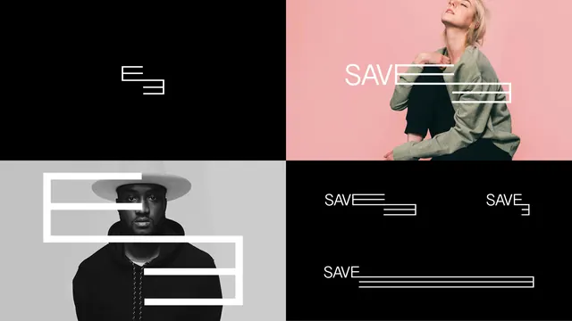 SAVE wordmark identity with bracket device, minimal, swiss, high-contrast