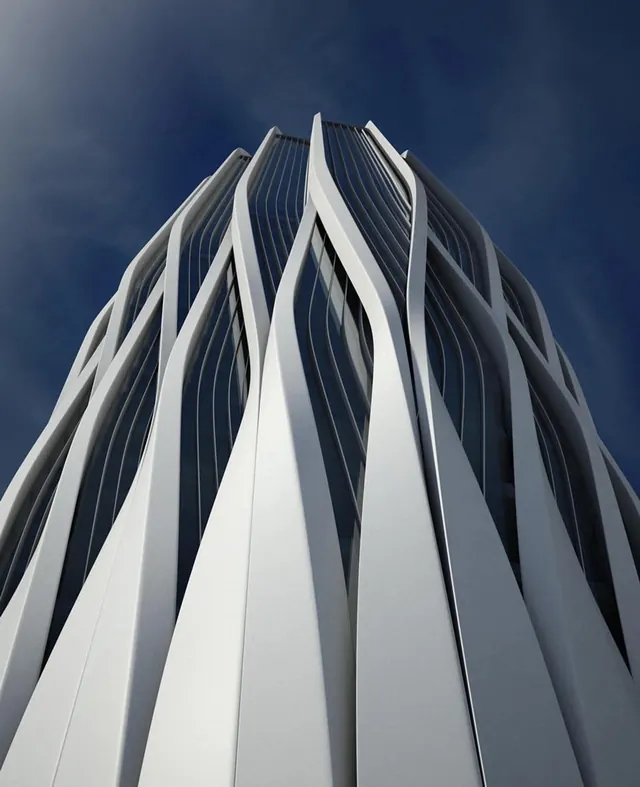 Modern Architectural Skyscraper, minimal, geometric, high-contrast