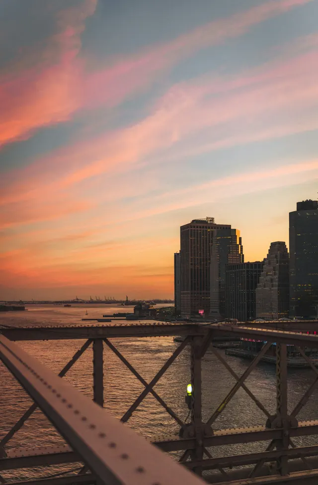 Cityscape at Sunset with Bridge, photographic, organic, warm