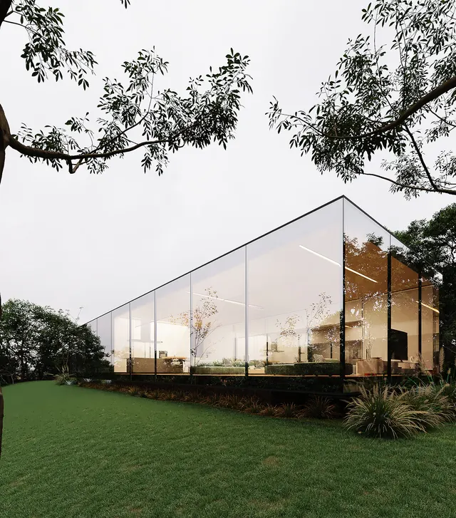 Modern Glass House Architecture, minimal, photographic, muted
