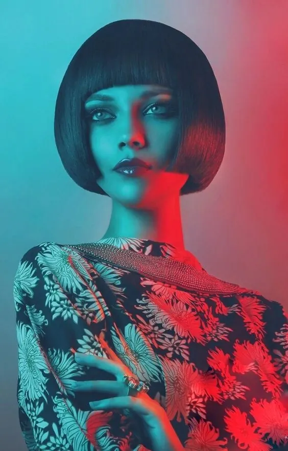 Cyberpunk Portrait with Floral Pattern, photographic, maximalist, high-contrast
