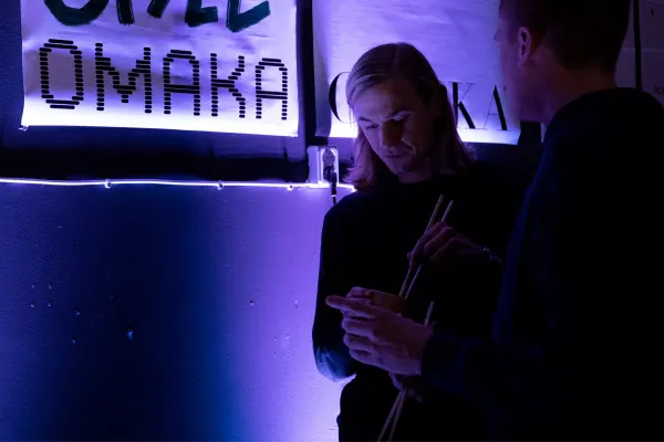 Portrait with Neon Signage, dark-mode, photographic, dark