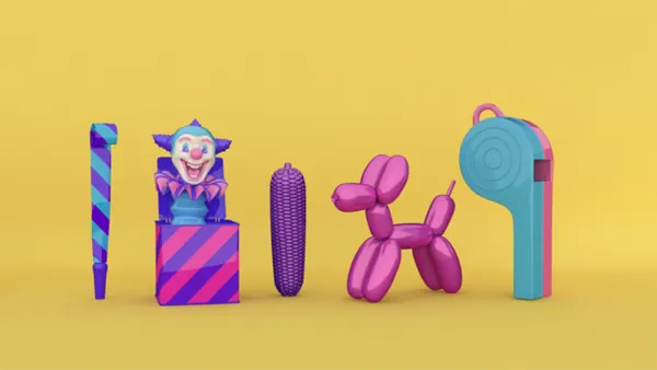 Abstract Geometric Shapes and Icons, playful, 3d-render, vibrant