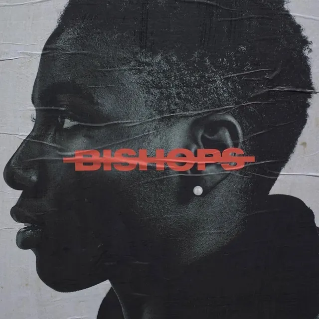 Bishop Logo Overlay on Portrait, brutalist, dark-mode, dark